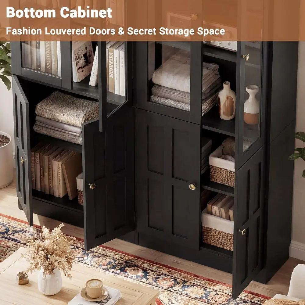 80 Tall Glass Door Bookcase with Thickened Top, Adjustable Shelves, Ideal for Living Room and Home Office, Black, Set of 2