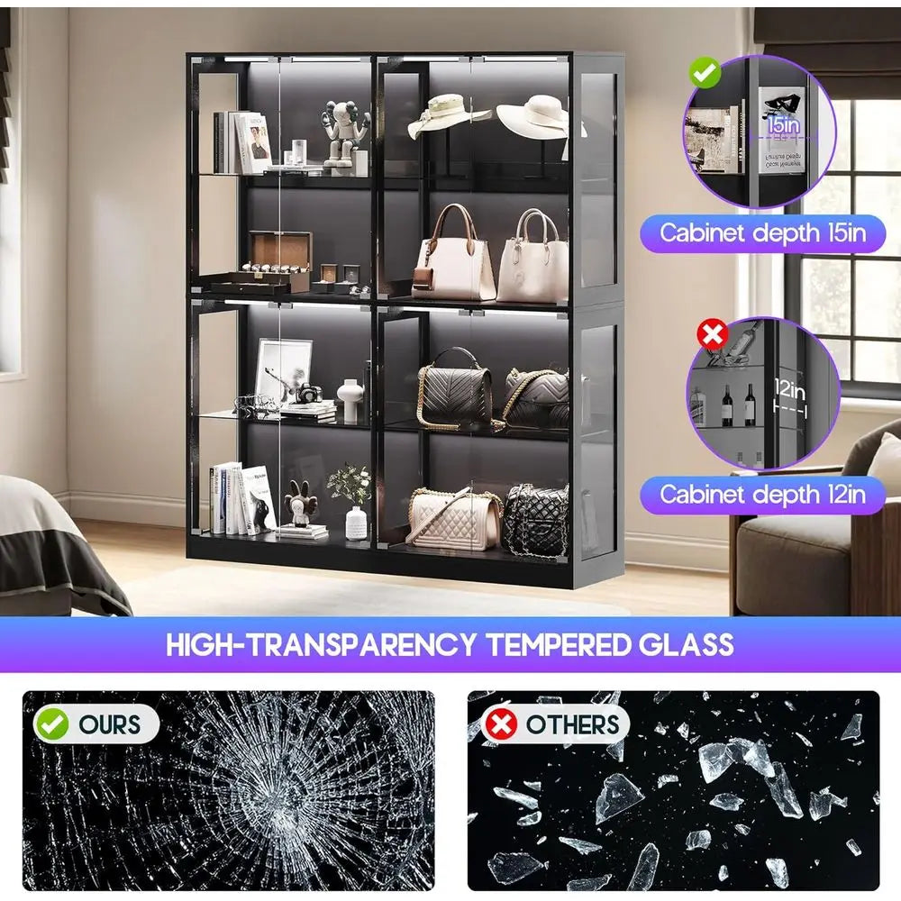 4-Tier LED-Lit Glass Shelf Cabinet for Displaying Collectibles, Black, 70H×60L×16D
