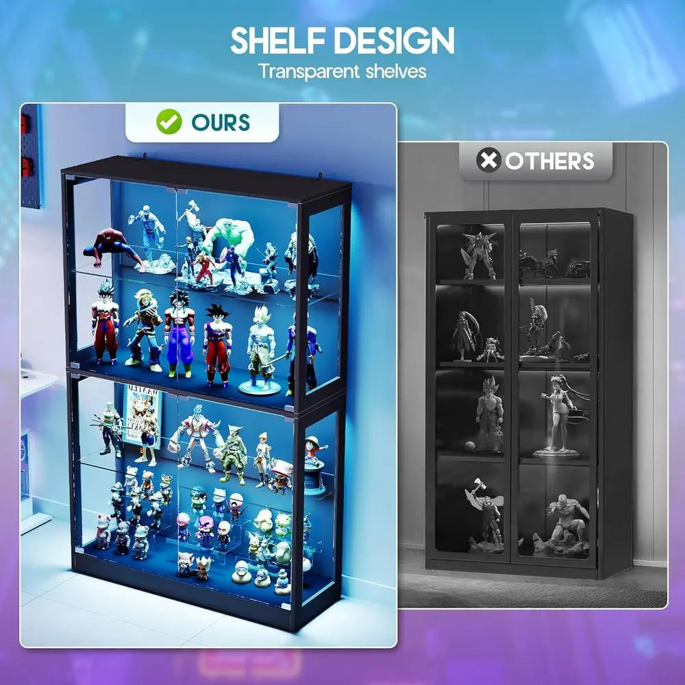 4-Tier LED-Lit Glass Shelf Cabinet for Displaying Collectibles, Black, 70H×60L×16D