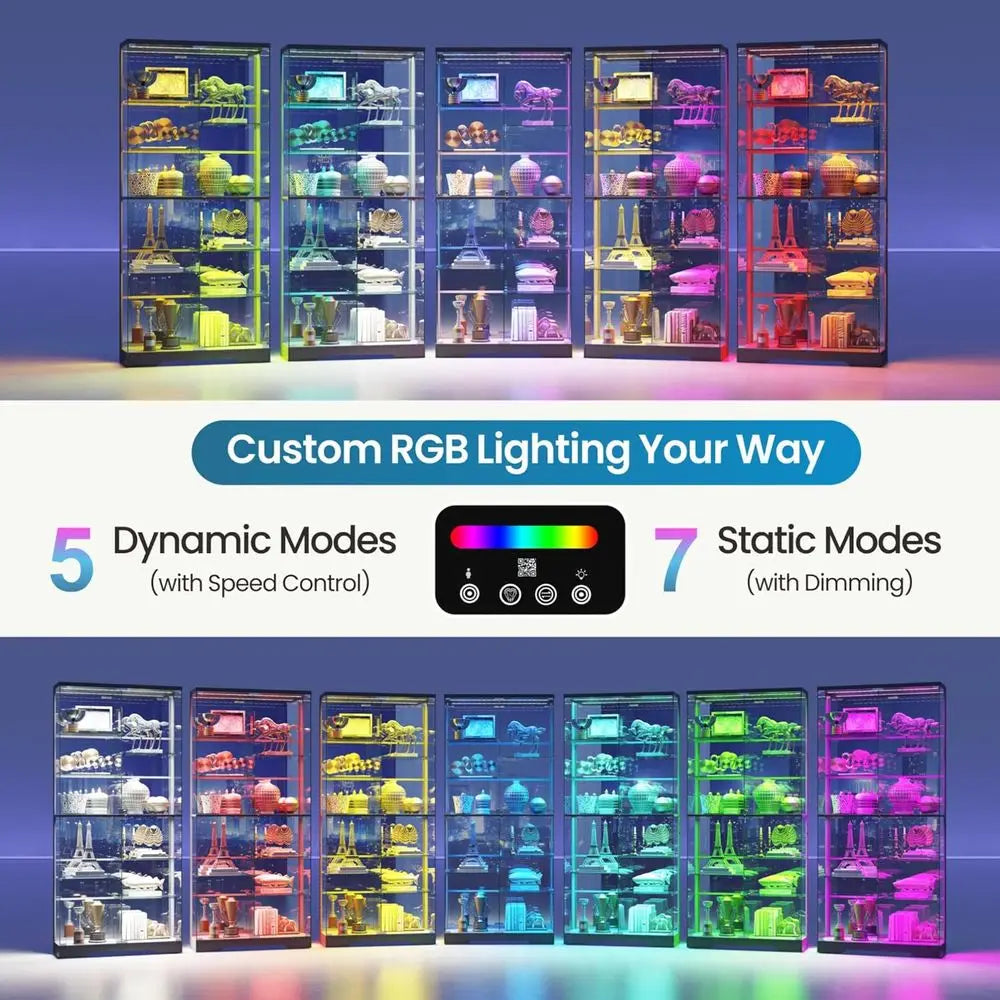 10-Tier Lockable Glass Display Cabinet with Motion Sensor RGB Lights, 71 High, Removable Shelves for Collectibles, Black