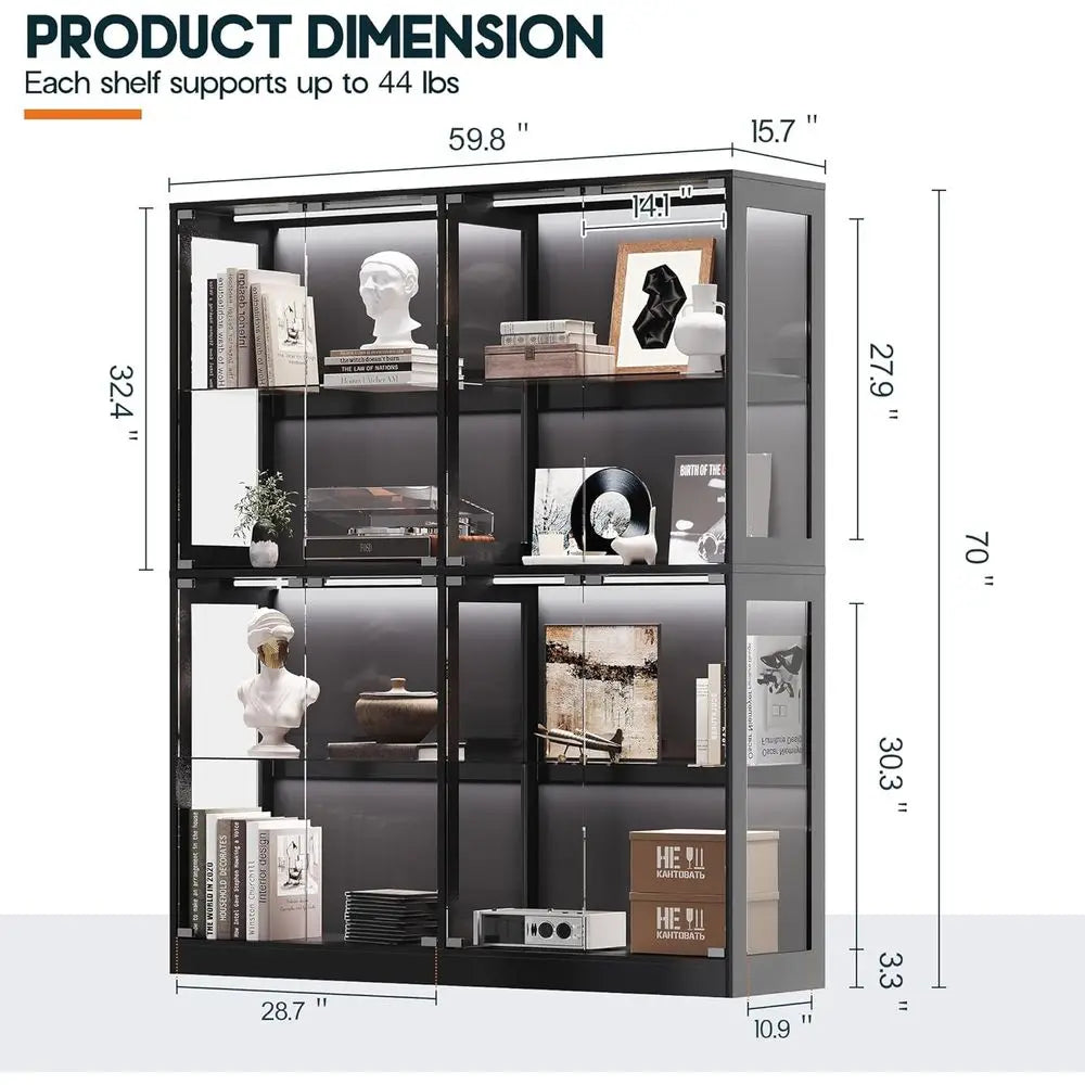 4-Tier LED-Lit Glass Shelf Cabinet for Displaying Collectibles, Black, 70H×60L×16D