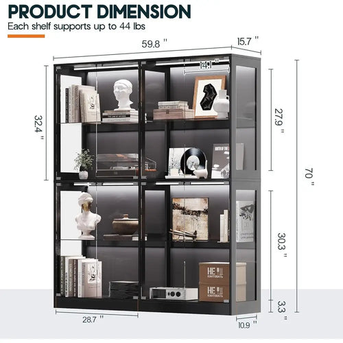 4-Tier LED-Lit Glass Shelf Cabinet for Displaying Collectibles, Black, 70H×60L×16D