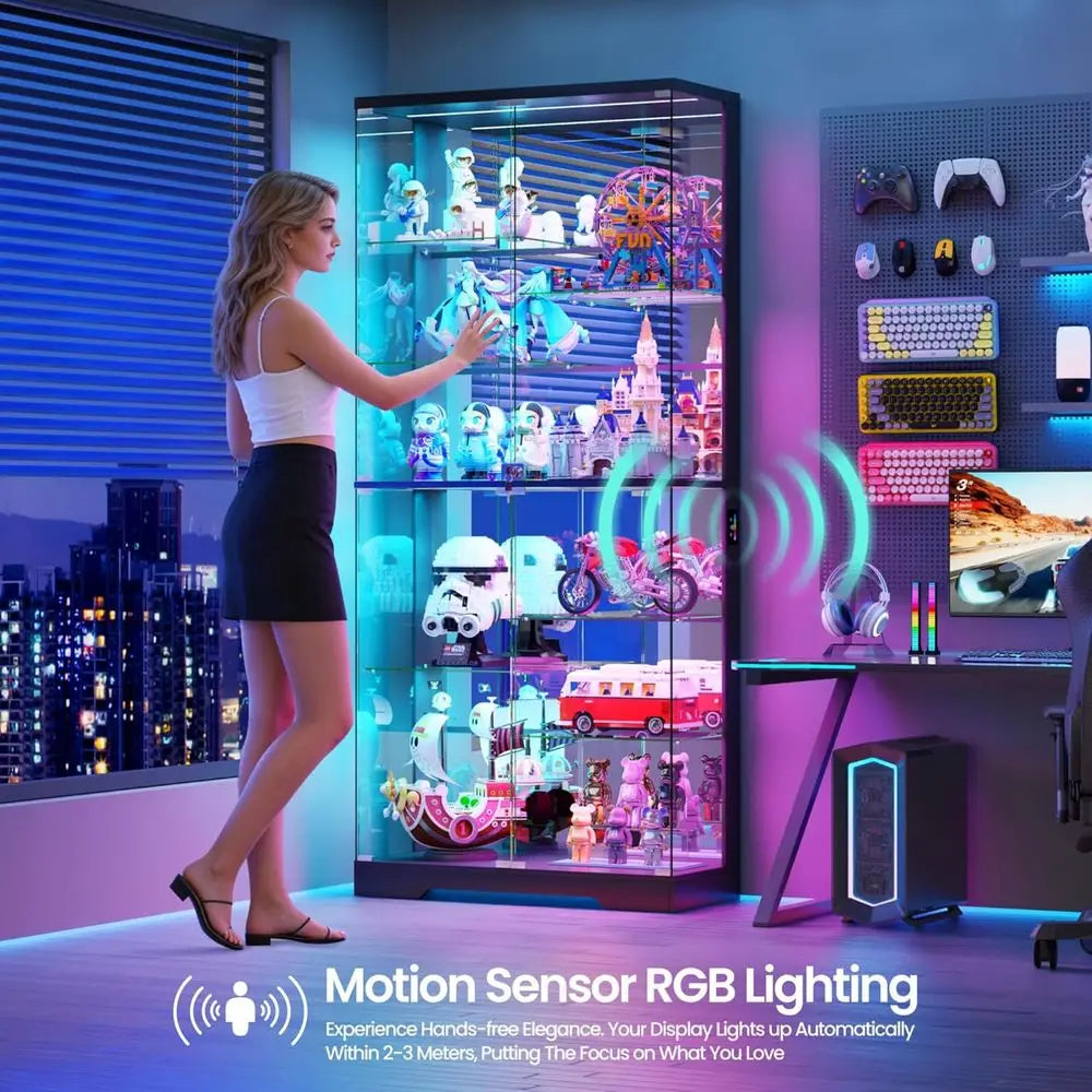 10-Tier Lockable Glass Display Cabinet with Motion Sensor RGB Lights, 71 High, Removable Shelves for Collectibles, Black