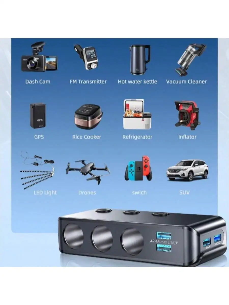 Car Power Adapter With LED Voltage Display 3 Cigarette Lighter Sockets 4 USB Ports Quick Charge