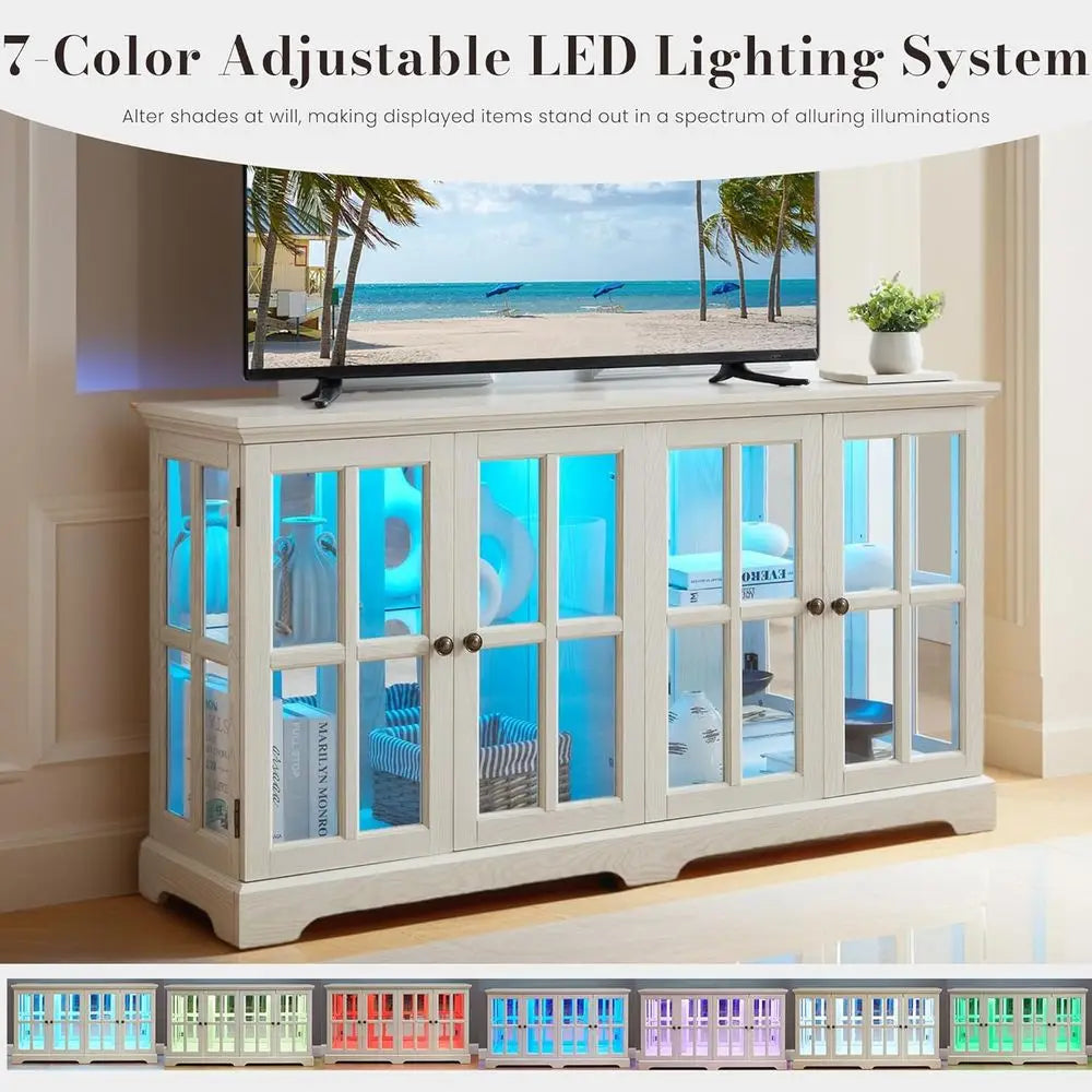 LED-Illuminated 59 White Curio Cabinet with 7 Color Options, Vintage Glass Display for Living Room or Entryway