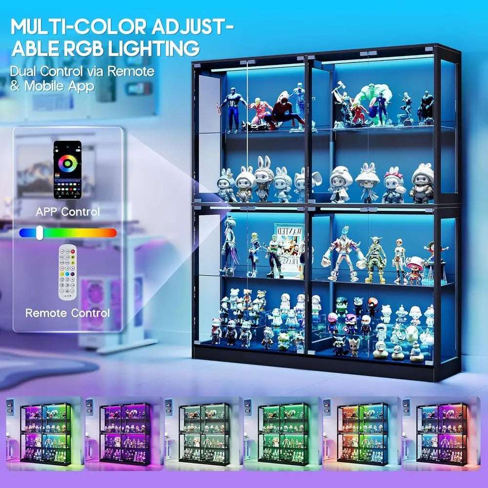 4-Tier LED-Lit Glass Shelf Cabinet for Displaying Collectibles, Black, 70H×60L×16D