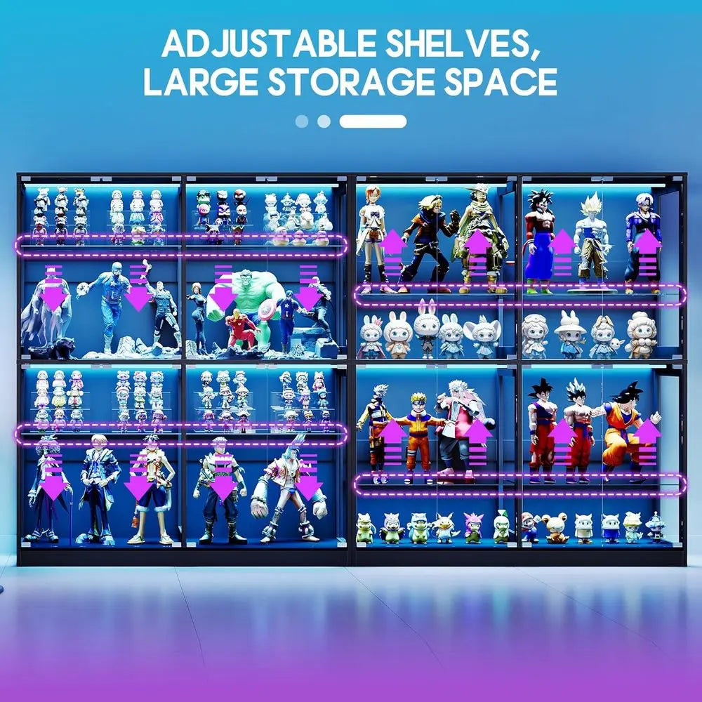 4-Tier LED-Lit Glass Shelf Cabinet for Displaying Collectibles, Black, 70H×60L×16D
