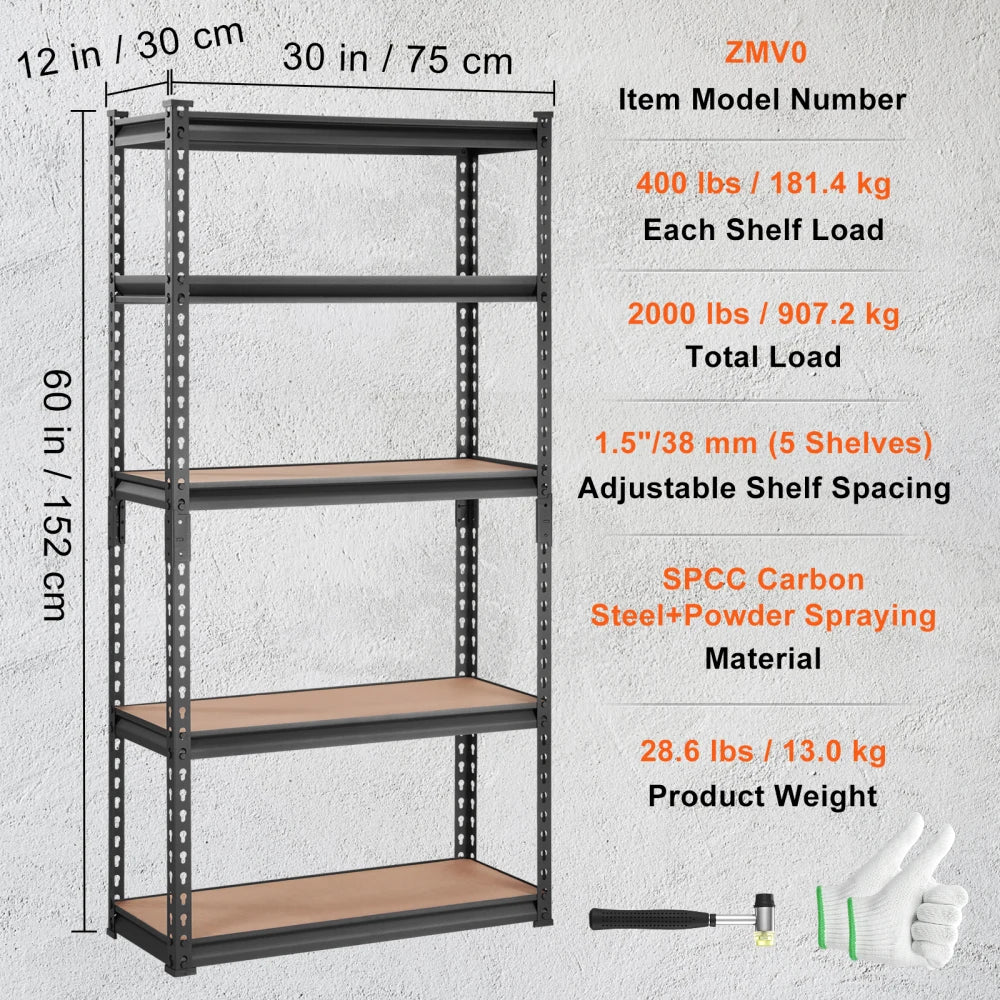 Heavy Duty 5-Tier Adjustable Metal Storage Shelving 2000 lbs, 30"x12"x60" Black Rack for Garage Kitchen Pantry Basement
