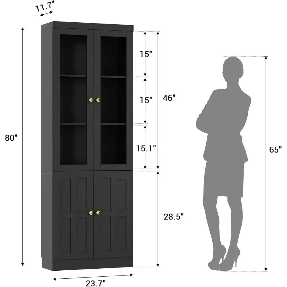 80 Tall Glass Door Bookcase with Thickened Top, Adjustable Shelves, Ideal for Living Room and Home Office, Black, Set of 2