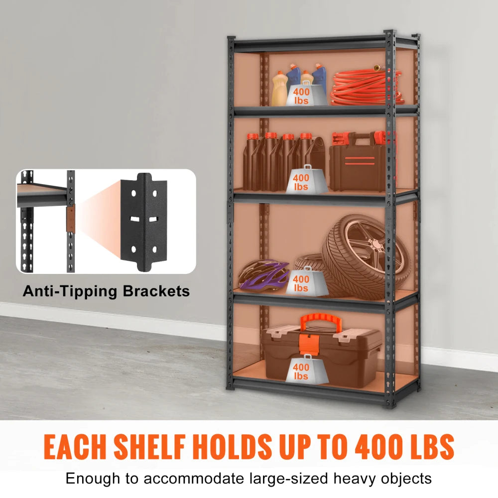 Heavy Duty 5-Tier Adjustable Metal Storage Shelving 2000 lbs, 30"x12"x60" Black Rack for Garage Kitchen Pantry Basement