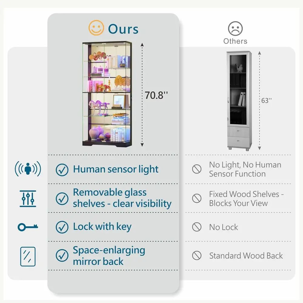 10-Tier Lockable Glass Display Cabinet with Motion Sensor RGB Lights, 71 High, Removable Shelves for Collectibles, Black