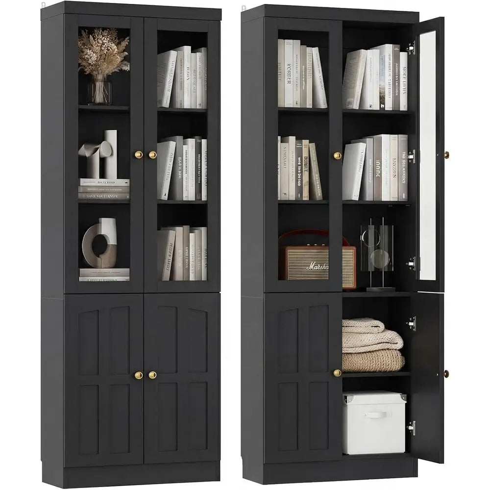 80 Tall Glass Door Bookcase with Thickened Top, Adjustable Shelves, Ideal for Living Room and Home Office, Black, Set of 2