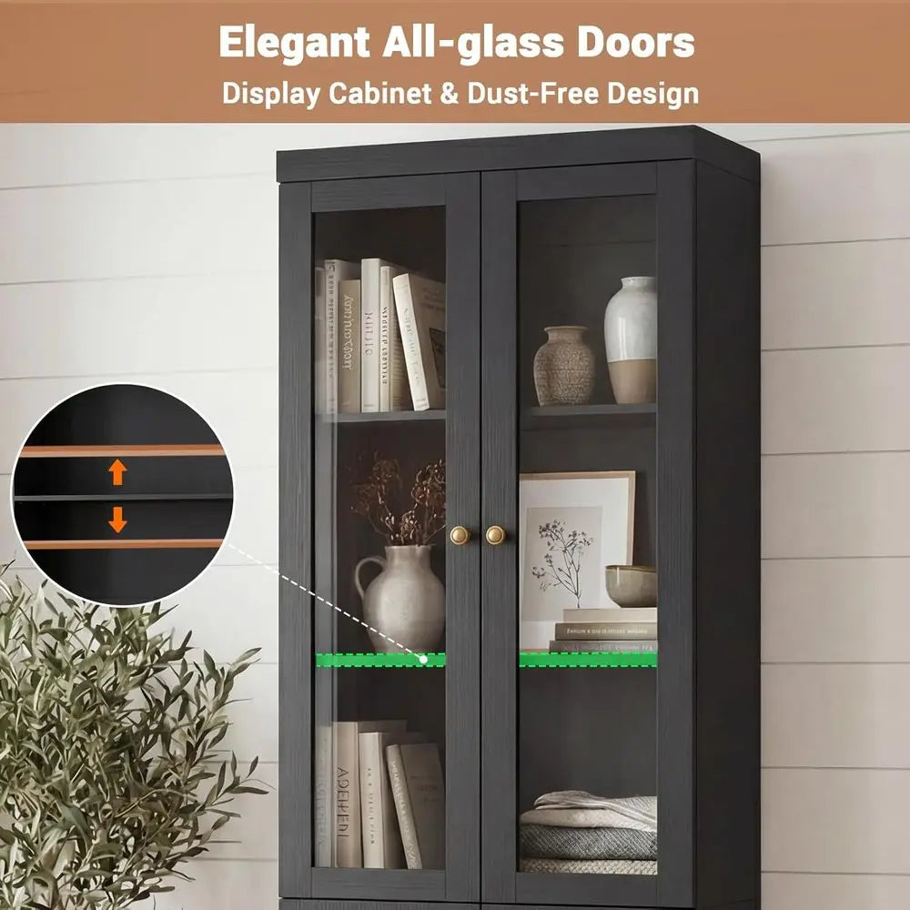 80 Tall Glass Door Bookcase with Thickened Top, Adjustable Shelves, Ideal for Living Room and Home Office, Black, Set of 2