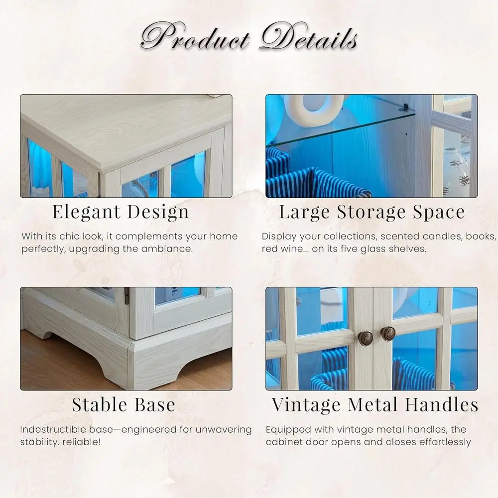 LED-Illuminated 59 White Curio Cabinet with 7 Color Options, Vintage Glass Display for Living Room or Entryway