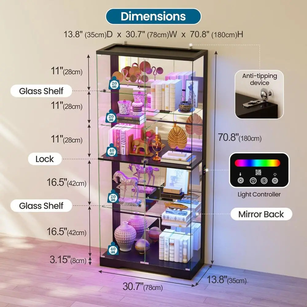 10-Tier Lockable Glass Display Cabinet with Motion Sensor RGB Lights, 71 High, Removable Shelves for Collectibles, Black